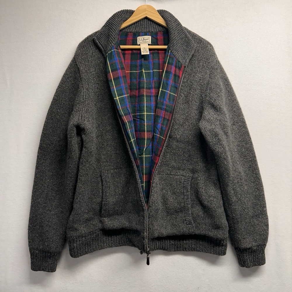 L.L. Bean Zip Cardigan Men XL Gray Lambswool Plaid Flannel Lined Sweater